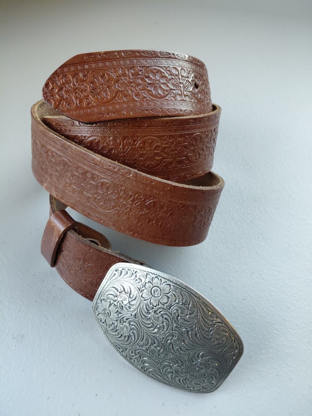 Vtg Womens Hand Tooled Floral Leather Silver Belt Buckle Boho Western Sz 30-37"